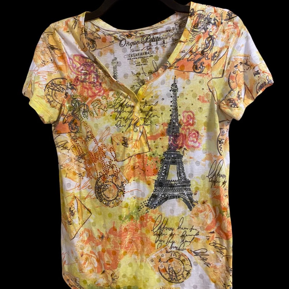 Onque Petite Yellow Top Paris Rhinestone Women's Size Petite Small
